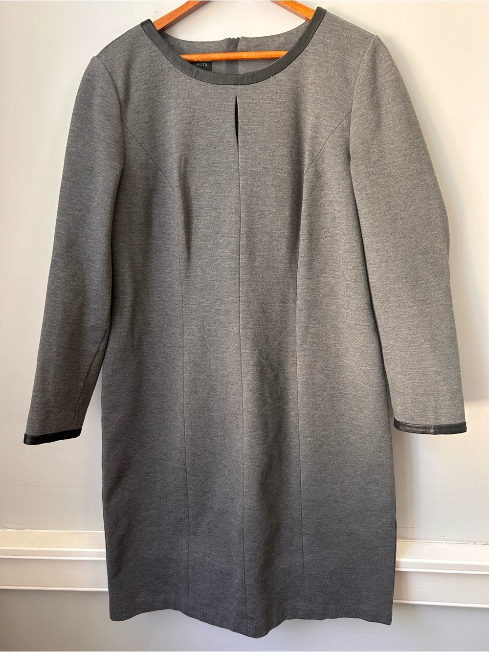 Talbots Long Sleeve Shift Dress Gray Faux Leather Trim Size 8 Office